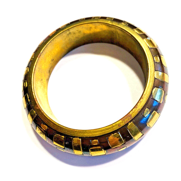 Vintage Brass Bangle Bracelet 1980's Goldtone & Oxidized Metal Inlay Unique Boho - Picture 4 of 7